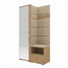 Garderoba do przedpokoju z szafą i panelami tapicerowanymi Lena 1 dąb artisan T-04 beżowa lustro