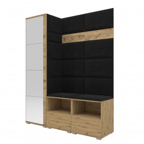 Garderoba do przedpokoju z szafą i panelami tapicerowanymi Lena 2 dąb artisan T-16 czarna lustro