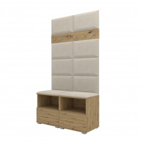 Garderoba do przedpokoju z szafą i panelami tapicerowanymi Lena 3 dąb artisan T-01 jasnobeżowa