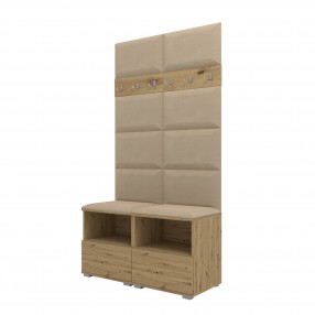 Garderoba do przedpokoju z szafą i panelami tapicerowanymi Lena 3 dąb artisan T-04 beżowa