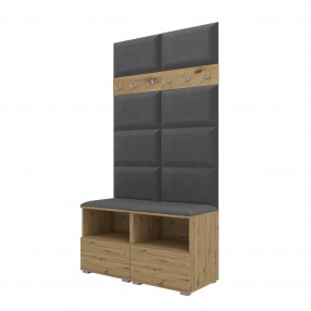 Garderoba do przedpokoju z szafą i panelami tapicerowanymi Lena 3 dąb artisan T-15 szara
