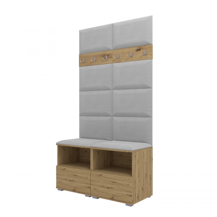 Garderoba do przedpokoju z szafą i panelami tapicerowanymi Lena 3 dąb artisan T-32 jasnoszara