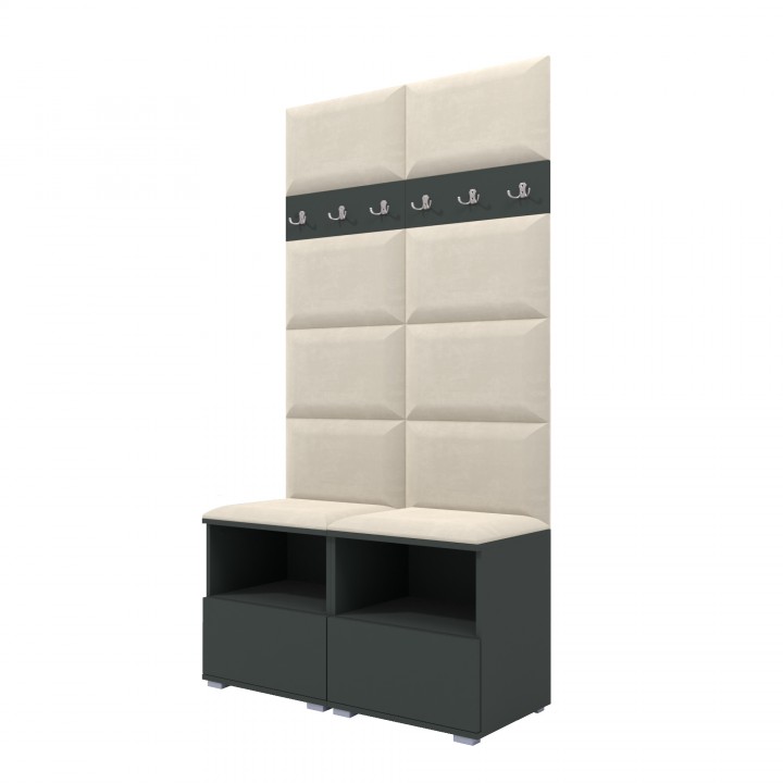 Garderoba do przedpokoju z szafą i panelami tapicerowanymi Lena 3 dąb artisan T-32 jasnoszara