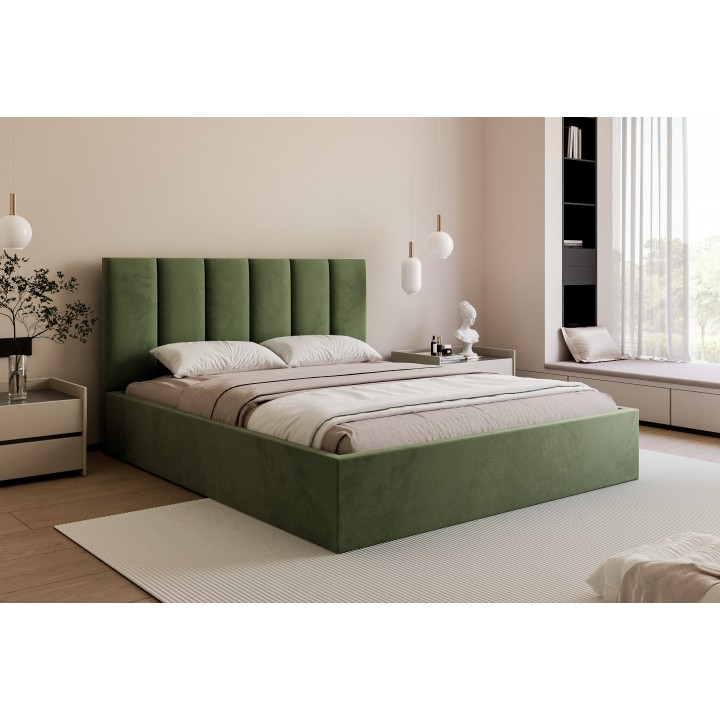 Łóżko tapicerowane z pojemnikiem Paros slim 2 200x200 V35 oliwkowe