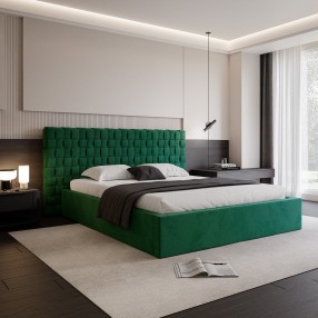 Łóżko tapicerowane z pojemnikiem Amanpulo PREMIUM R33 butelkowa zieleń 180x200