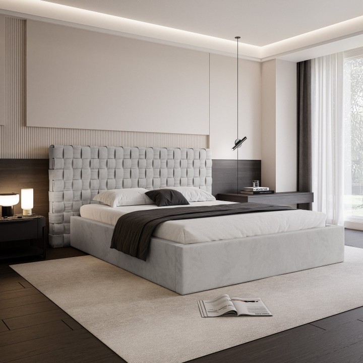Łóżko tapicerowane z pojemnikiem Amanpulo PREMIUM R26 jasnoszare 140x200