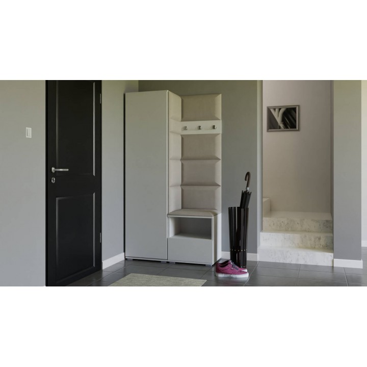 Garderoba do przedpokoju z szafą i panelami tapicerowanymi Lena 1 biała T-01 jasnobeżowa