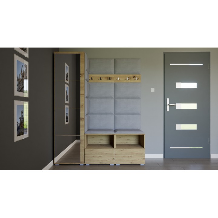 Garderoba do przedpokoju z szafą i panelami tapicerowanymi Lena 2 dąb artisan T-32 jasnoszara lustro