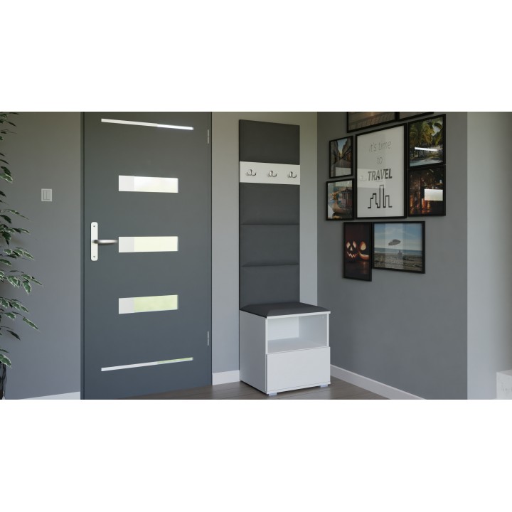 Garderoba do przedpokoju z szafą i panelami tapicerowanymi Lena 4 biała T-15 szara