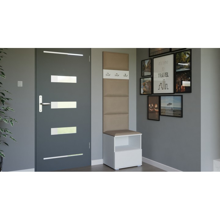 Garderoba do przedpokoju z szafą i panelami tapicerowanymi Lena 4 biała T-04 beżowa
