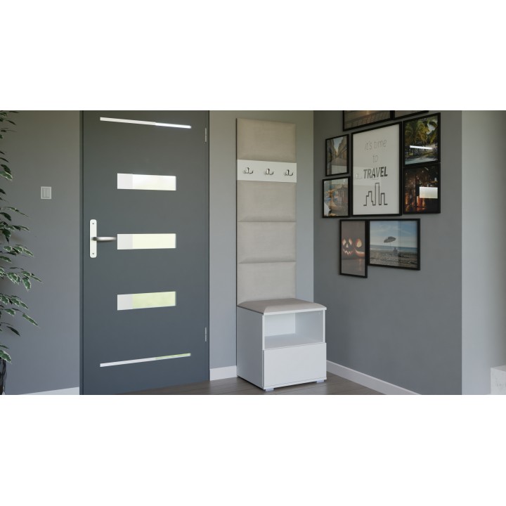 Garderoba do przedpokoju z szafą i panelami tapicerowanymi Lena 4 biała T-01 jasnobeżowa