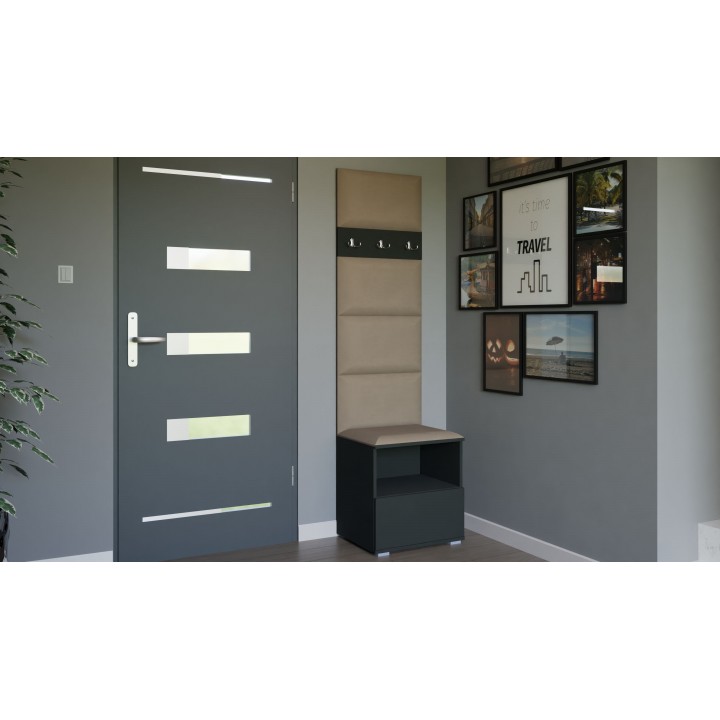 Garderoba do przedpokoju z szafą i panelami tapicerowanymi Lena 4 grafitowa T-04 beżowa