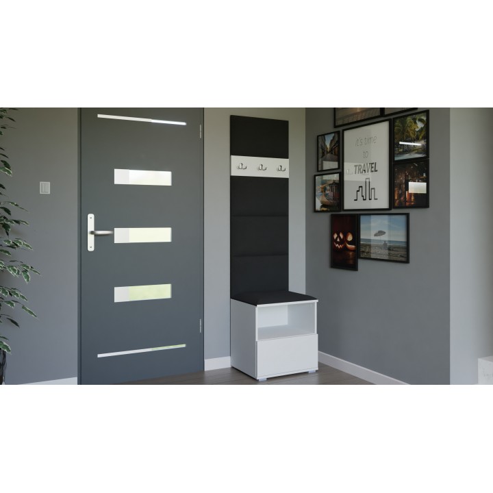 Garderoba do przedpokoju z szafą i panelami tapicerowanymi Lena 4 biała T-16 czarna