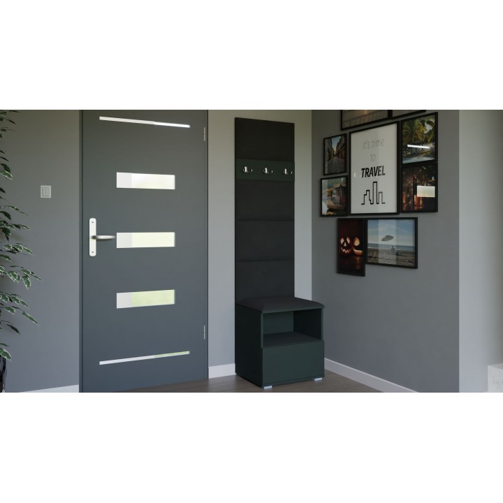 Garderoba do przedpokoju z szafą i panelami tapicerowanymi Lena 4 grafitowa T-16 czarna