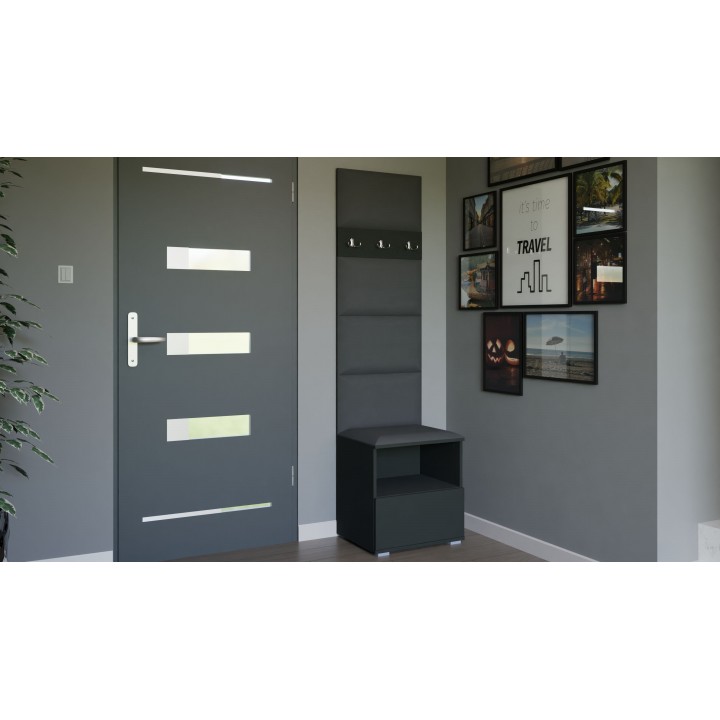Garderoba do przedpokoju z szafą i panelami tapicerowanymi Lena 4 grafitowa T-15 szara