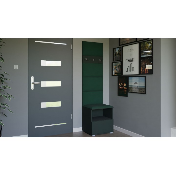 Garderoba do przedpokoju z szafą i panelami tapicerowanymi Lena 4 grafitowa T-28 butelkowa zieleń