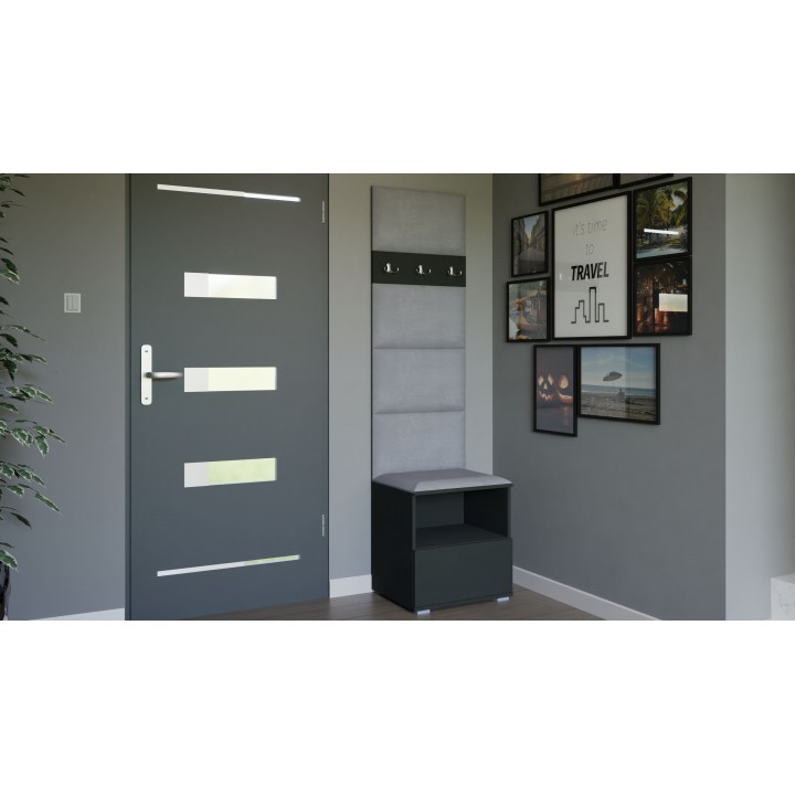 Garderoba do przedpokoju z szafą i panelami tapicerowanymi Lena 4 grafitowa T-32 jasnoszara