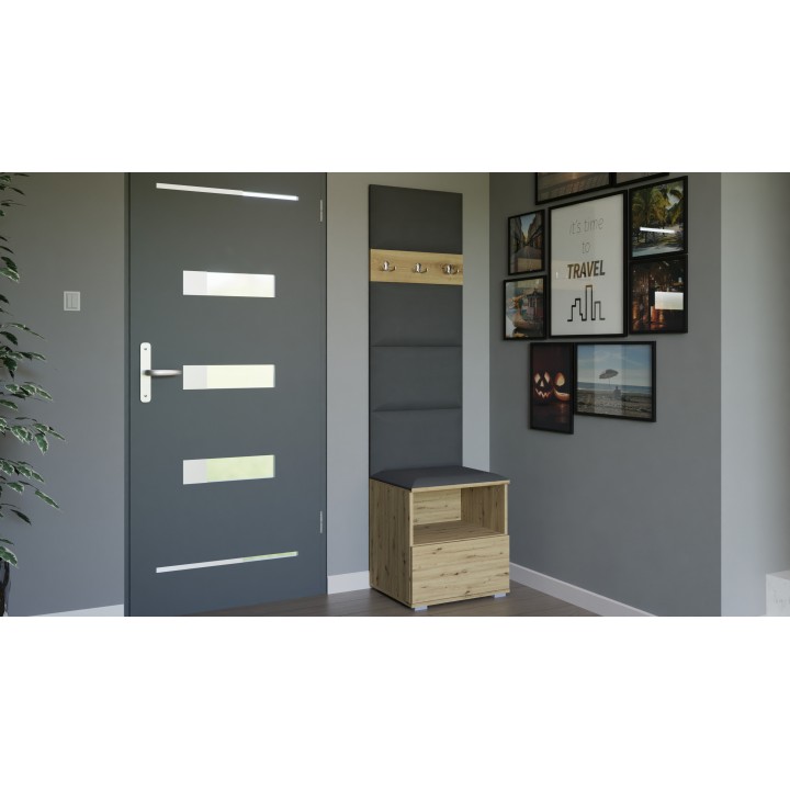 Garderoba do przedpokoju z szafą i panelami tapicerowanymi Lena 4 dąb artisan T-15 szara