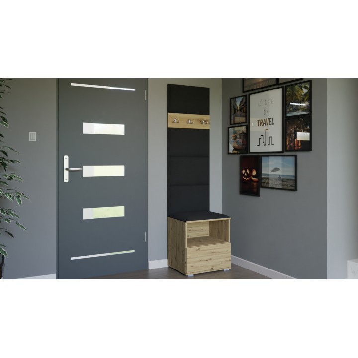 Garderoba do przedpokoju z szafą i panelami tapicerowanymi Lena 4 dąb artisan T-16 czarna