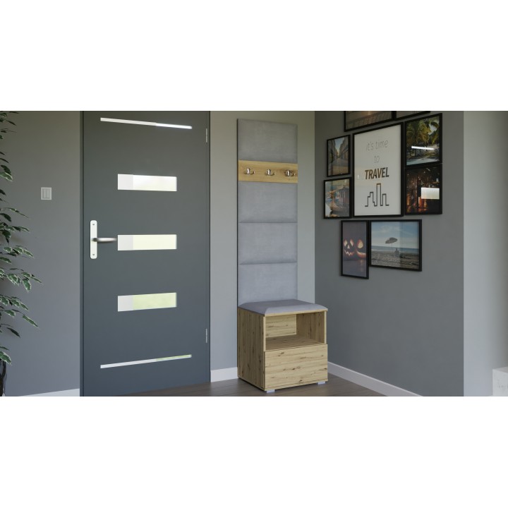 Garderoba do przedpokoju z szafą i panelami tapicerowanymi Lena 4 dąb artisan T-32 jasnoszara
