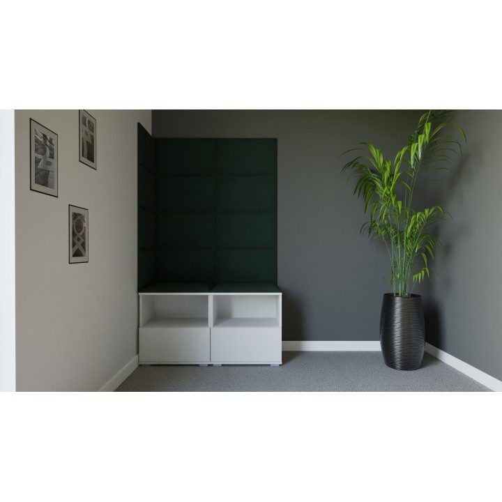 Garderoba do przedpokoju z szafą i panelami tapicerowanymi Lena 5 biała T-28 butelkowa zieleń