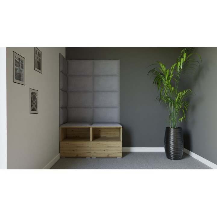 Garderoba do przedpokoju z szafą i panelami tapicerowanymi Lena 5 dąb artisan T-32 jasnoszara