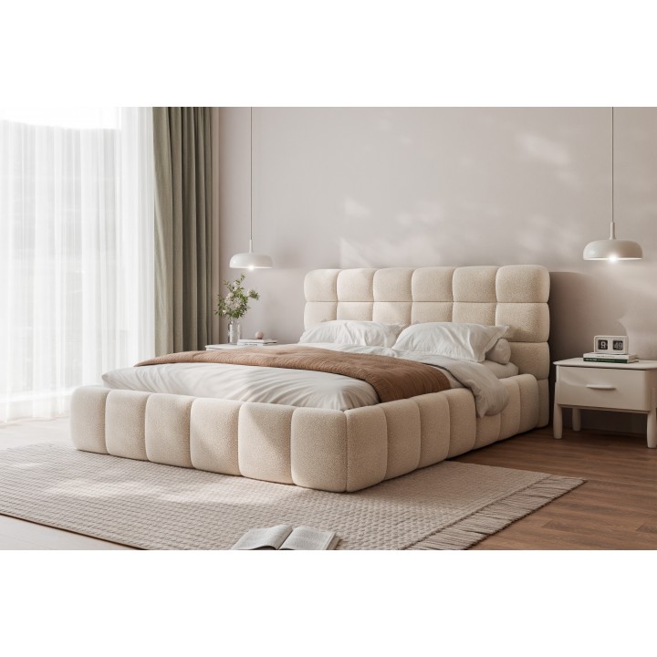 Łóżko tapicerowane z pojemnikiem Bubble 160x200 boucle beżowe