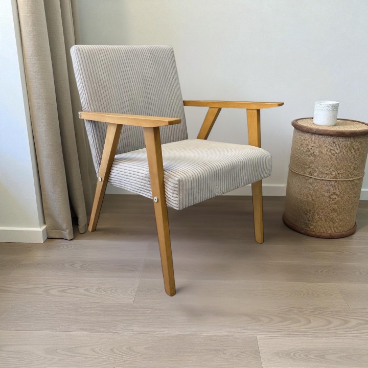 Sztruksowy fotel wypoczynkowy Retro PRL jasnoszary jasny dąb