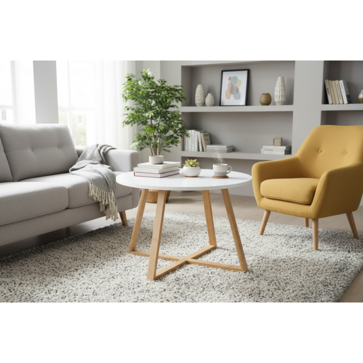 Okrągły stolik kawowy w stylu skandynawskim Bali biały