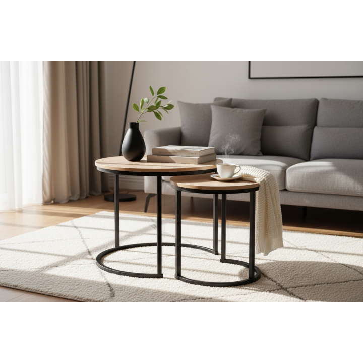 Zestaw 2 okrągłych stolików kawowych 2w1 Round
