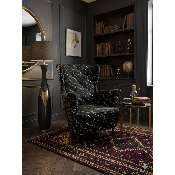 Fotel uszak wzorzysty marmur czarny