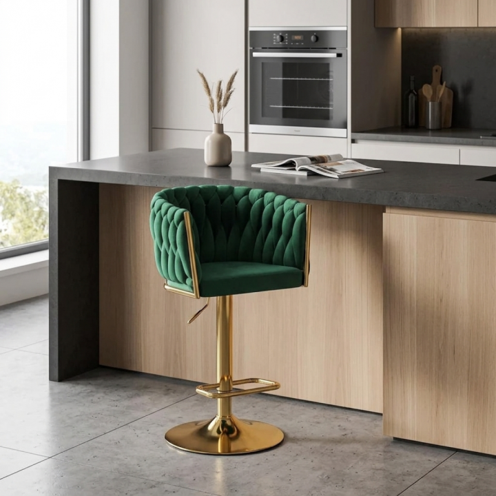 Obrotowy hoker tapicerowany z regulacją wysokości Rosa-B butelkowa zieleń