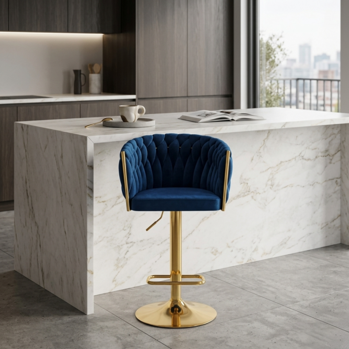 Obrotowy hoker tapicerowany z regulacją wysokości Rosa-B granatowy